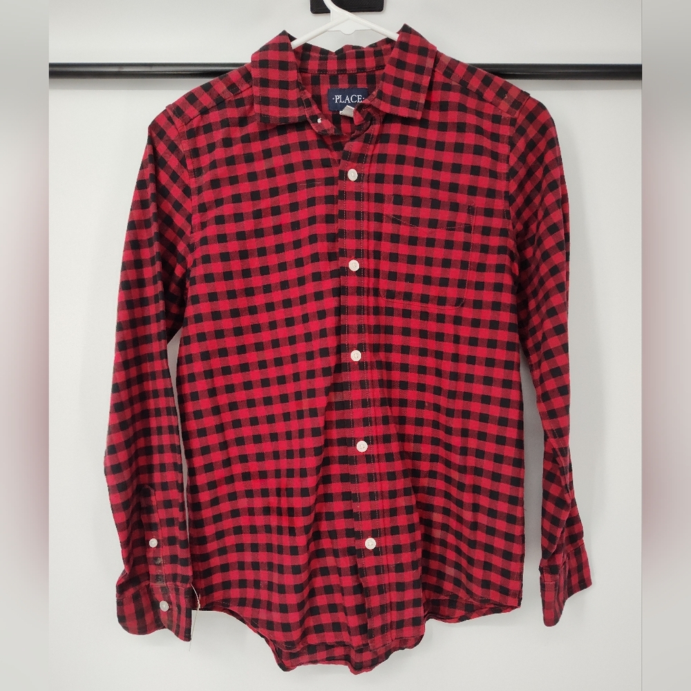 The Children's Place Red and Black Plaid Button-Down Shirt Size Kids Lg, 10/12